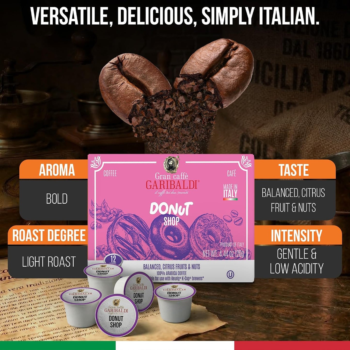 Caffè Garibaldi Donut Shop Coffee Pods, Light Roast, 72 Count Arabica Blend | Light Roast 100% Arabica Coffee Pods Compatible With Keurig K-Cup Brewers, Recyclable Single-Serve Capsules, 72 Count Box