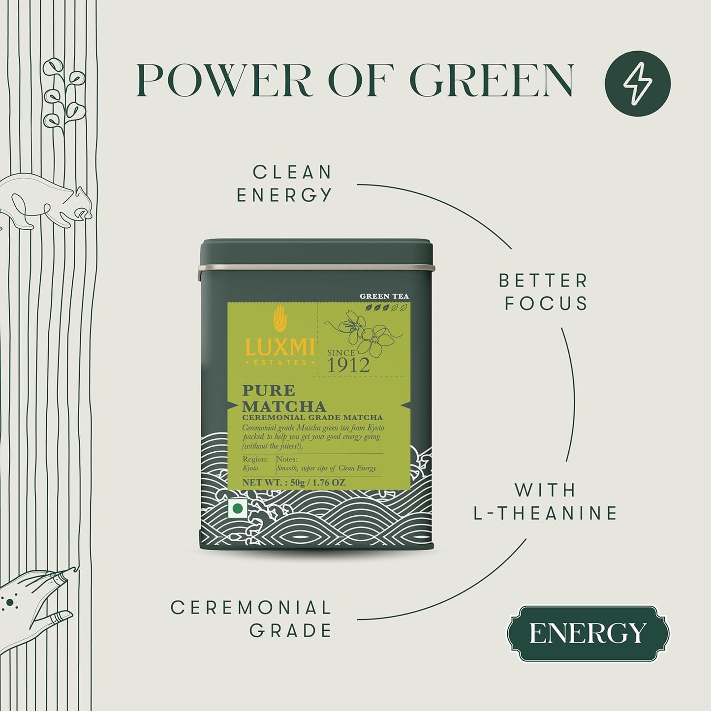 Luxmi Estates - Pure Matcha - Ceremonial Grade Matcha Powder - 50g | Organic, Stone-Ground Matcha Tea, Rich in Antioxidants | Authentic Zen Tea Experience