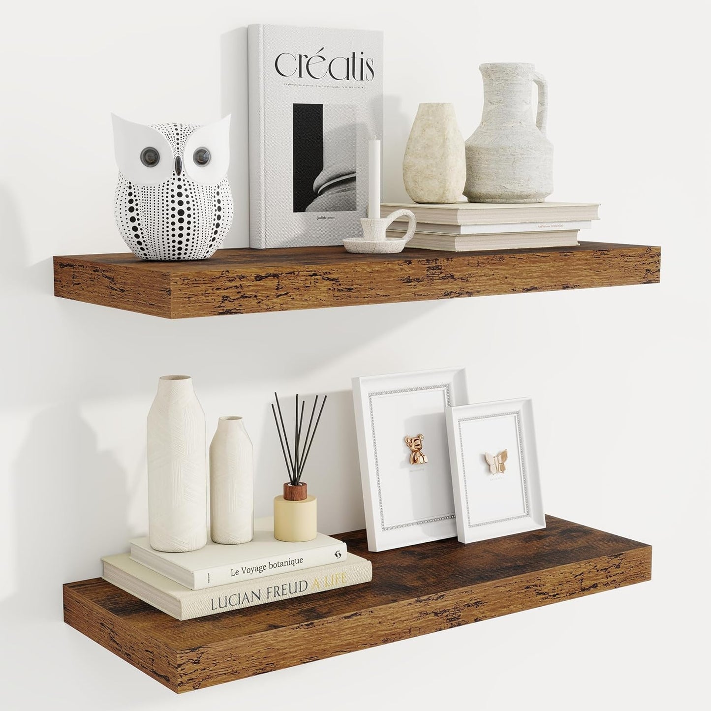 Fun Memories 24 Inch Floating Shelves for Wall, 9 Inch Deep Brown Rustic Wood Wall Mounted Shelves f
