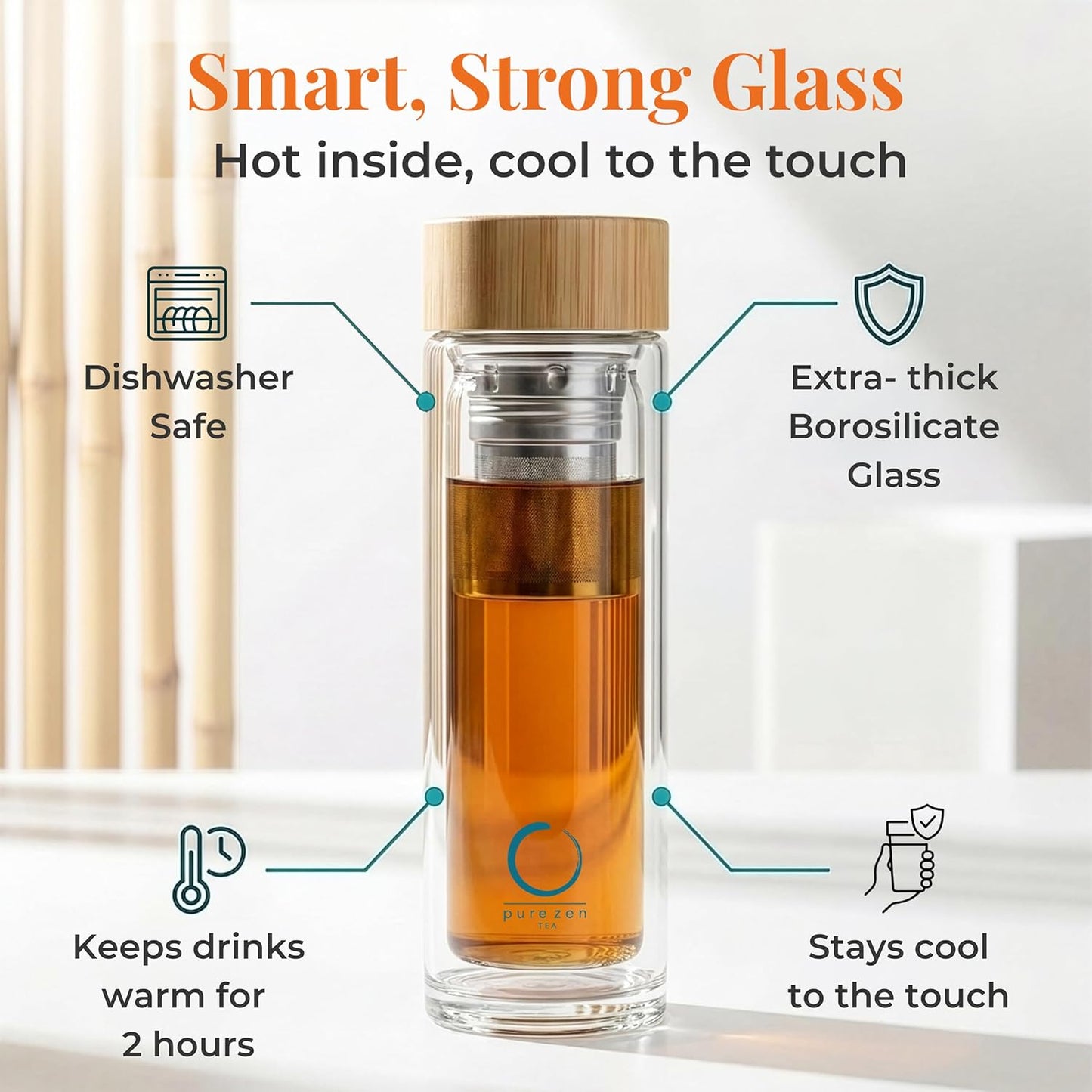 Pure Zen Tea Glass Tea Infuser Bottle, Leakproof, Tea Tumbler with Infuser | 15oz, Double Wall, Travel Sleeve, Extra-fine Stainless Steel Filter, Bamboo Lid, Gift-ready Packaging, Extra-thick Glass