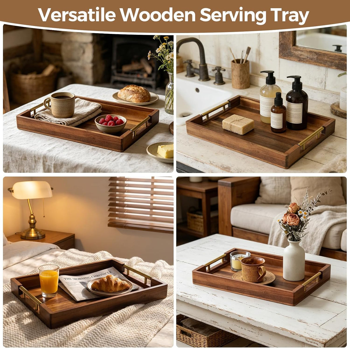 Acacia Wood Serving Tray with Golden Handles, 17" Wooden Tray for Ottoman | Large Wooden Tray for Ottoman, Coffee Table, Breakfast in Bed, Bar, Rectangular Decorative Tray for Modern Farmhouse Decor