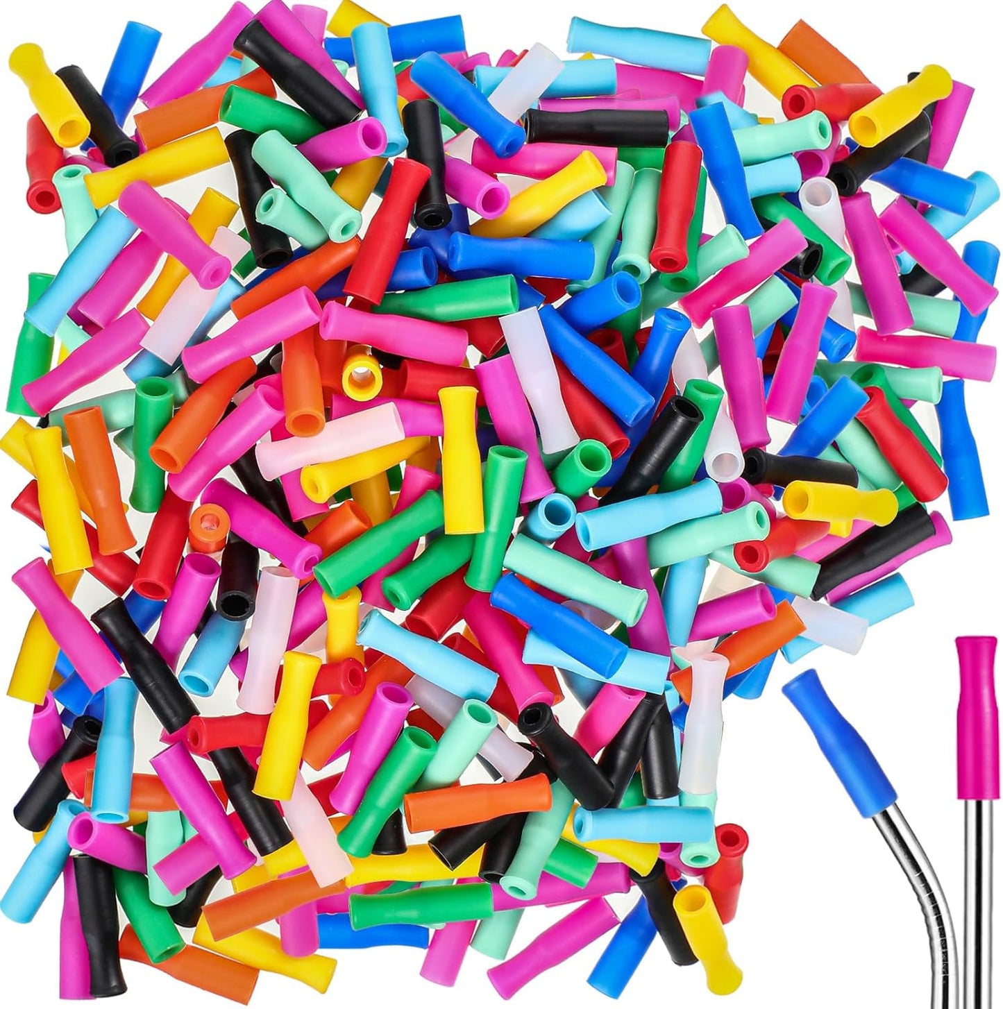 Zhehao 500 Pcs Silicone Straw Tip Multicolored Straw Tip Cover Reusable Silicone Cover Metal Tip for