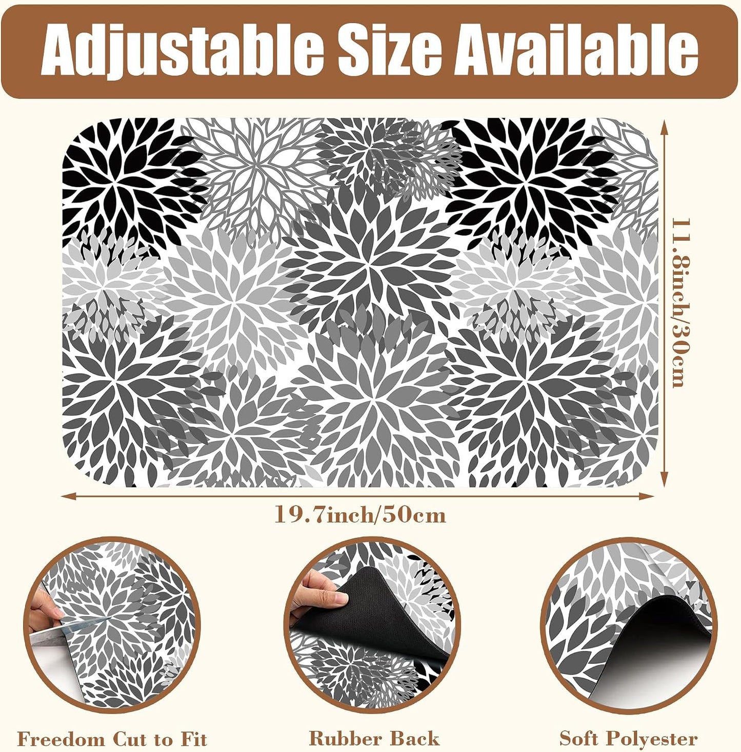 Dish Drying Mat Black and White Chrysanthemum Flower Coffee Bar Mat Absorbent Coffee Mat Rubber Backed Hide Stain Dish Drainer Rack Mat Coffee Maker Coffee Pot Dining Room Decoration 11.8 x 19.7 Inch