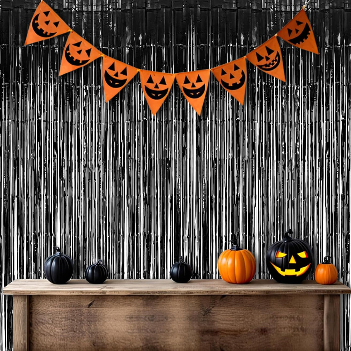 BRAVESHINE Foil Fringe Curtains | Party Steamers | Halloween Decorations | 3.2x8.2ft Pure Black Tinsel Backdrop for Graduation/New Years/Boy/Men/20th/Birthday/Music/Stranger/Prom/Retirement Parties