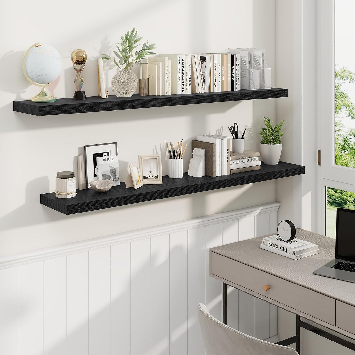 Fun Memories 55 Inch Fireplace Mantel Shelf, 9.3" Deep Floating Shelves for Wall, Long Wall Mounted Farmhouse Display Shelves with Invisible Heavy Duty Metal Bracket, Black, 2 Pack