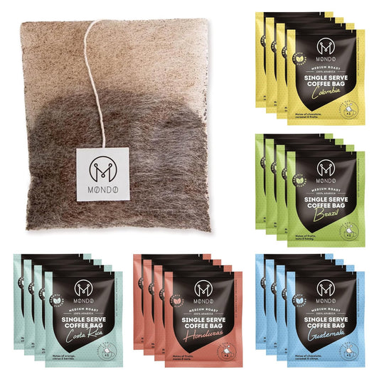 Mondo Single Serve Coffee Bags (20 Cups) Variety Pack - Organic, Medium Roast - Disposable, Portable Coffee Filters for