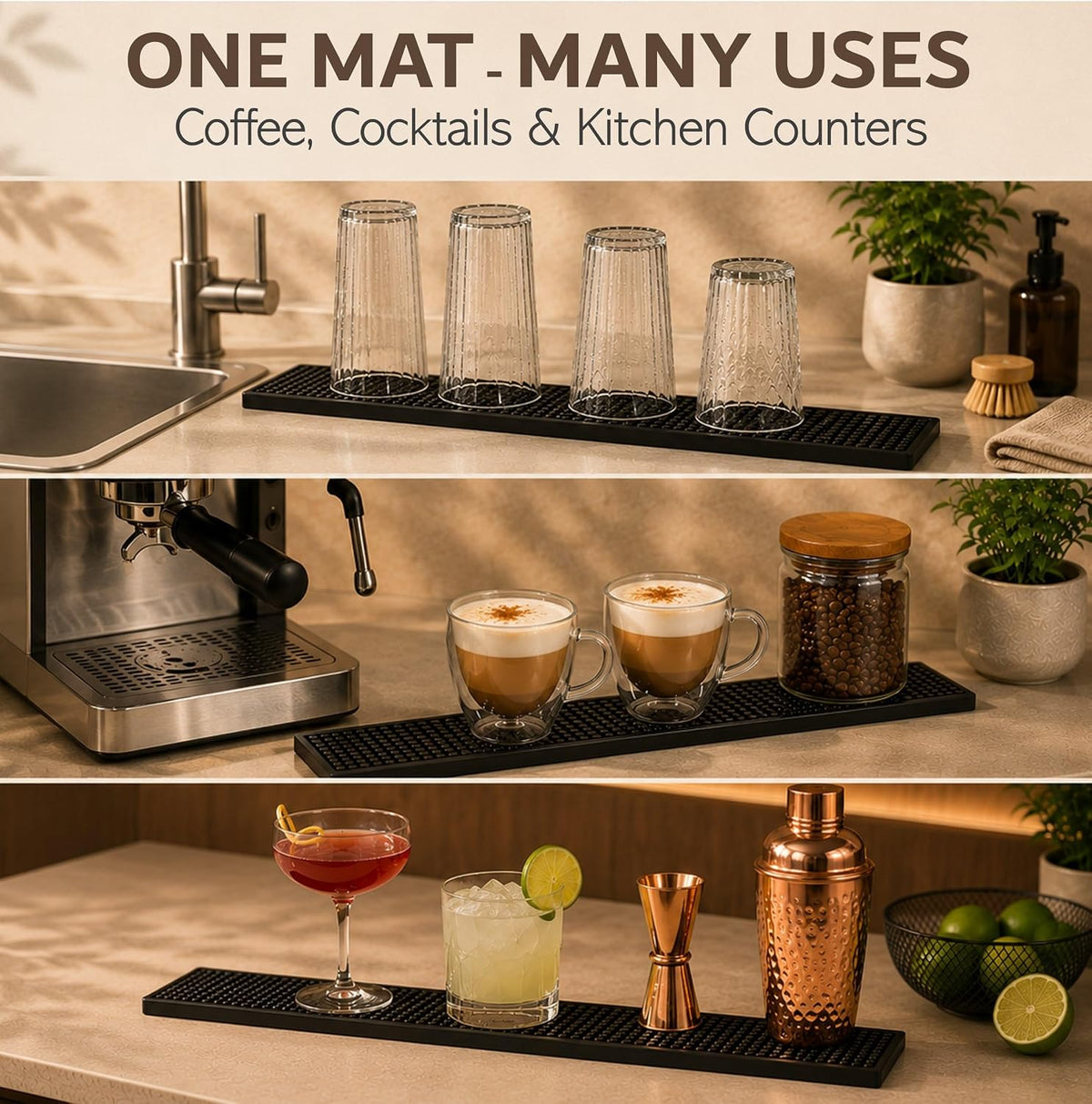 Rubber Bar Mat – Non-Slip Spill &amp; Drip Mat for Bartending, Coffee Bar &amp; Kitchen Countertop, Thick Durable Counter Protector &amp; Stylish Drying Mat (Total Black, 23.6" x 3.1")