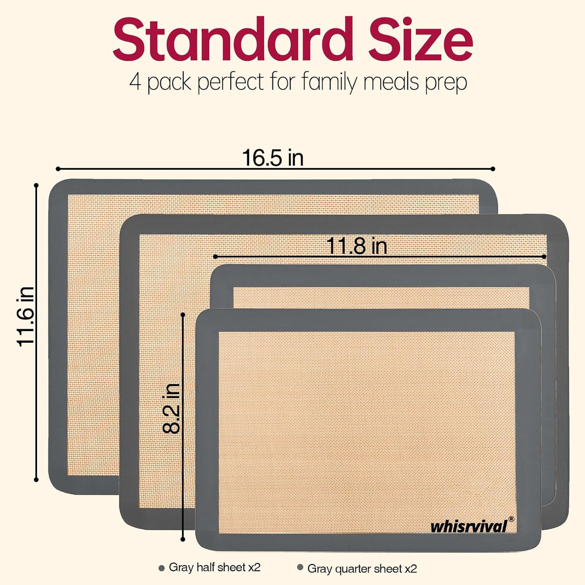 4 Pack Silicone Baking Mat, Non-Stick Silicone Baking Sheet, Food Safe, 480℉ Heat Resistant, 2 Half &amp; 2 Quarter (Grey) | Food Safe, 480℉ Heat Resistant, 2 Half &amp; 2 Quarter (Grey)