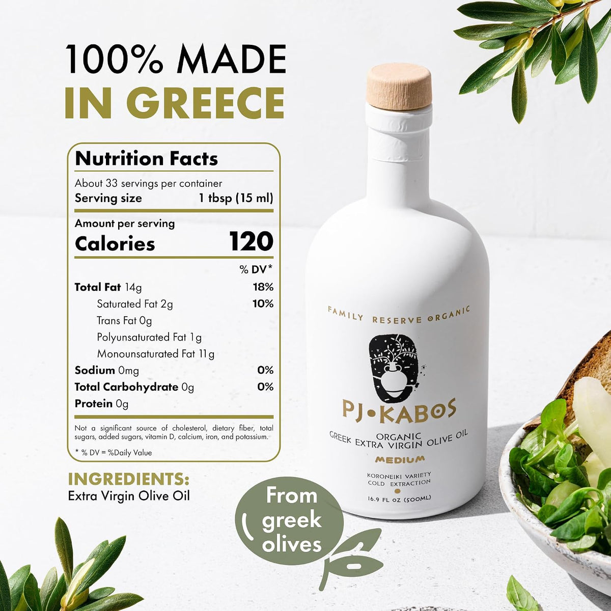 P.J. KABOS Fresh 2025/26 Harvest, High Phenolic (400+ mg/kg), USDA Organic Greek Extra Virgin Olive Oil, Kosher, Greece, Cold