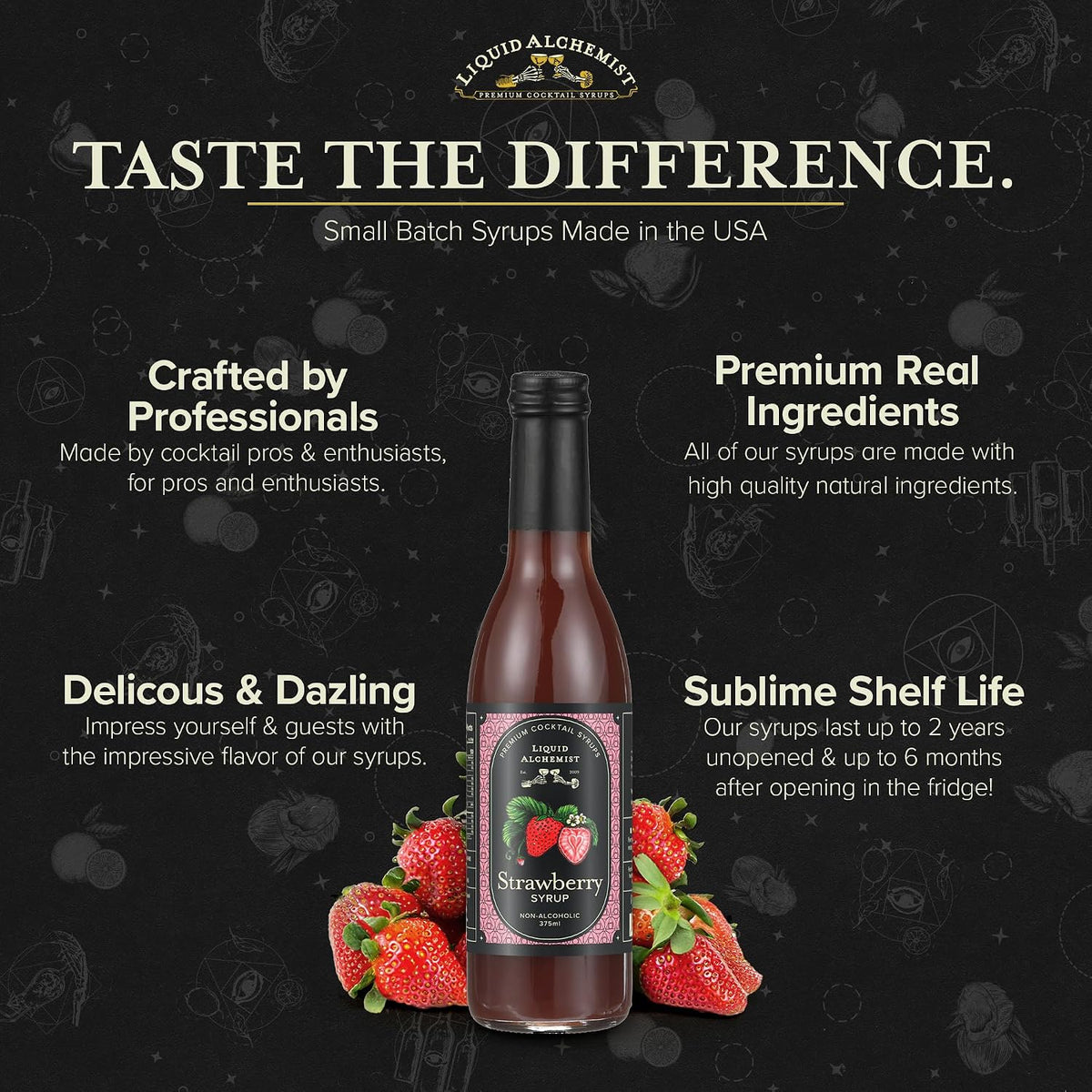 Liquid Alchemist Strawberry Syrup for Cocktails | Real Ingredients Make our Strawberry Puree for Drinks a Perfect Margarita Mix | Small Batch, Non-GMO &amp; Dairy Free | 12.7 oz Drink Mixer, Pack of 1
