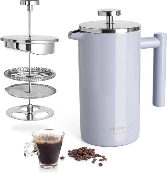 Mixpresso Light Blue Stainless Steel French Press Coffee Maker 26 Oz 770 ml, Double Wall Insulated French Press Stainless