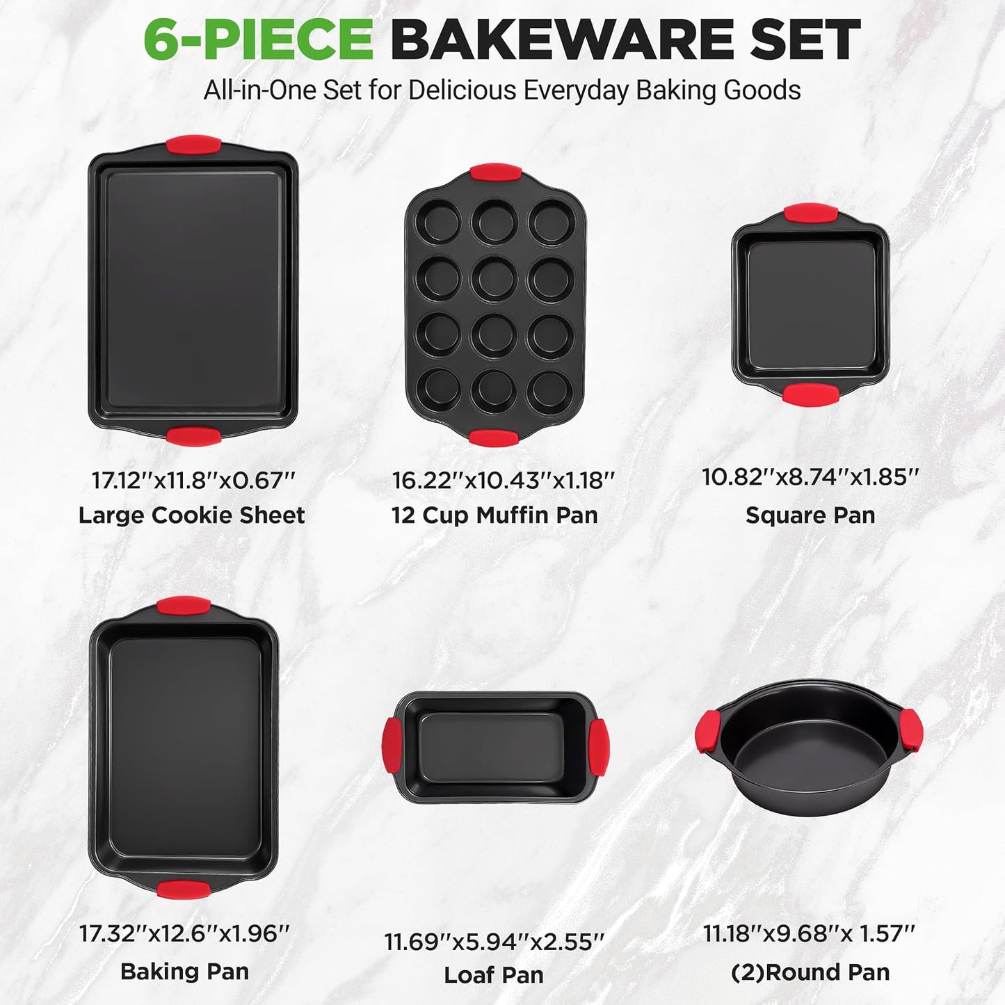 NutriChef Baking Pans Set - 6 Piece Bakeware with Nonstick Carbon Steel for Easy Release and Cleanup, Durable and Versatile Design, Includes Cookie Sheet, Loaf Pan, Muffin Tin &amp; More