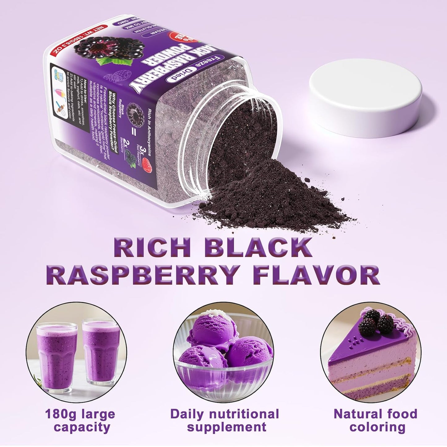 Freeze Dried Black Raspberry Powder - 6.5 OZ Super Fruit Powder, 100% Black Raspberry Extract, No Additive, No Artifical Sugar Non-GMO Natural Food Coloring for Baking, Smoothies, Yogurt