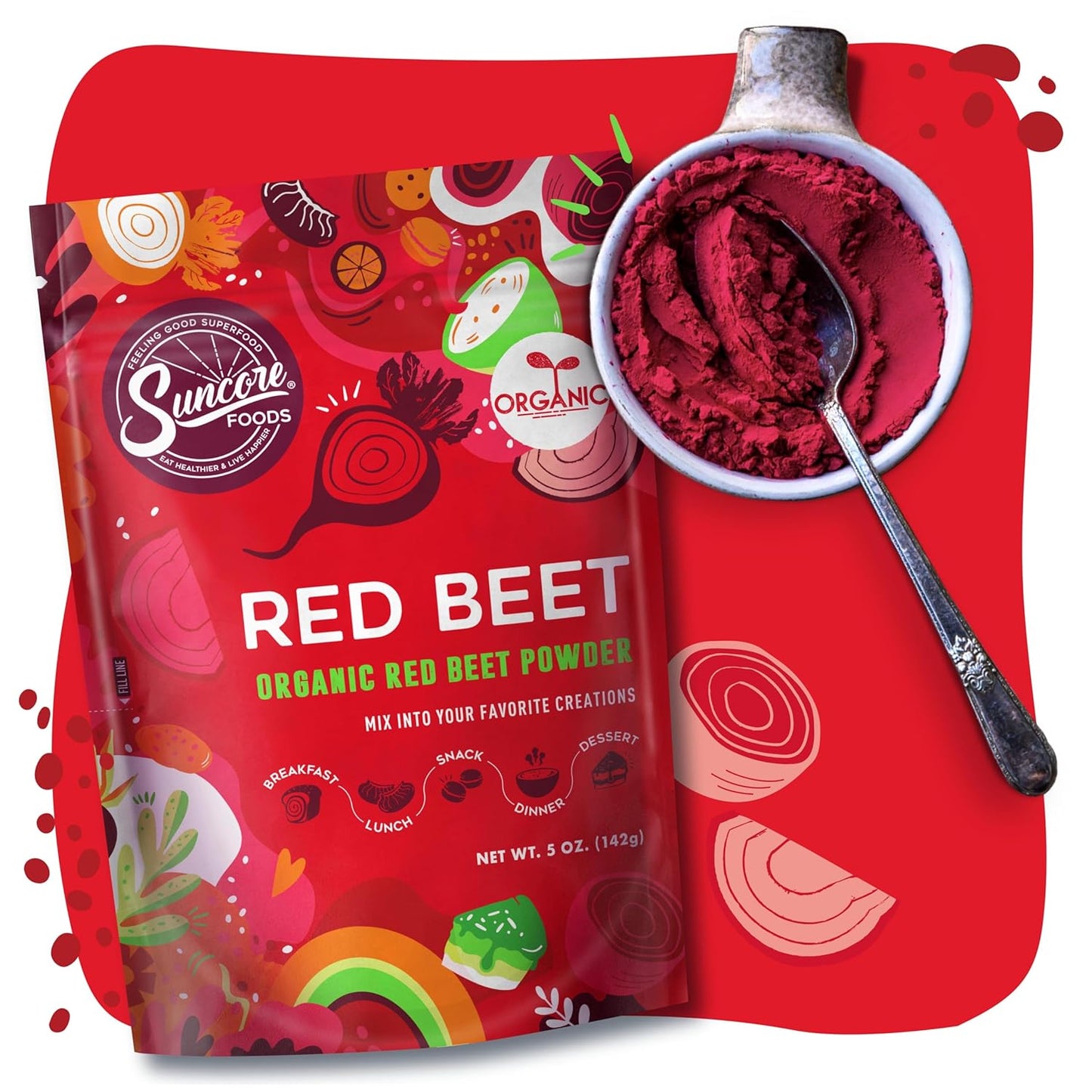 Suncore Foods Organic Red Beet Powder, Red Food Coloring Powder, Gluten-Free, Non-GMO, 5oz (1 Pack)