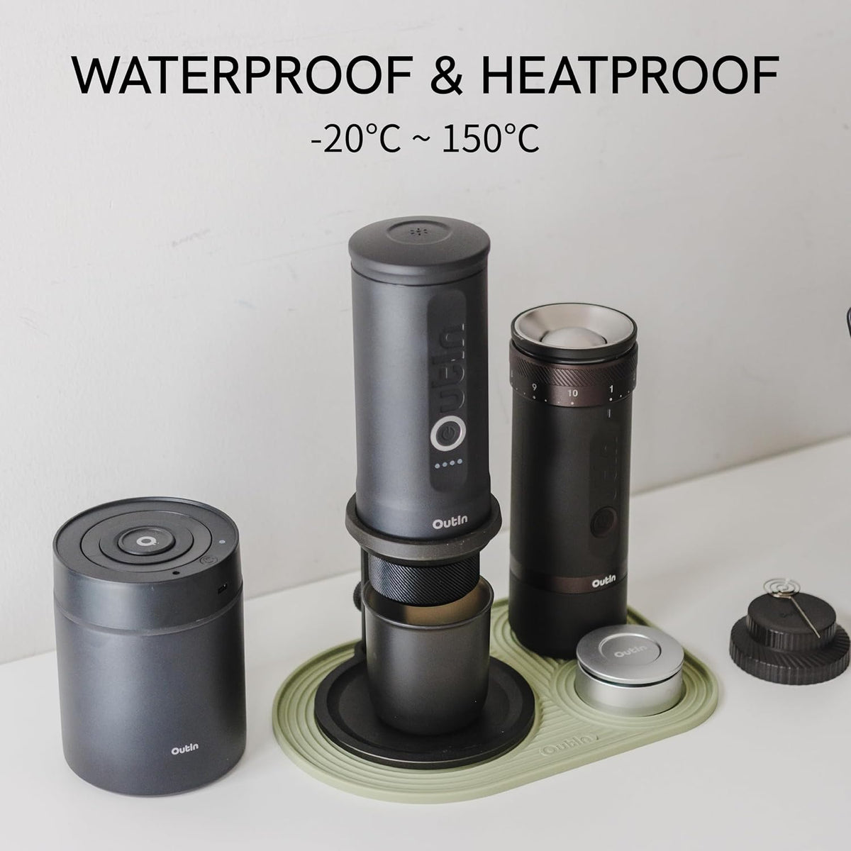 OutIn Silicone Coffee Mat, Foldable &amp; Waterproof | Drip Tray Mat for Espresso Machines and Portable Coffee Makers, 9.8" x 6.7" (Green)