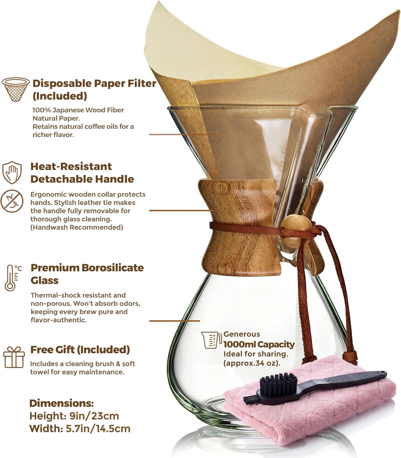 AGOGO Pour Over Coffee Maker Set, 34oz Classic Style, 50 Paper Filters
