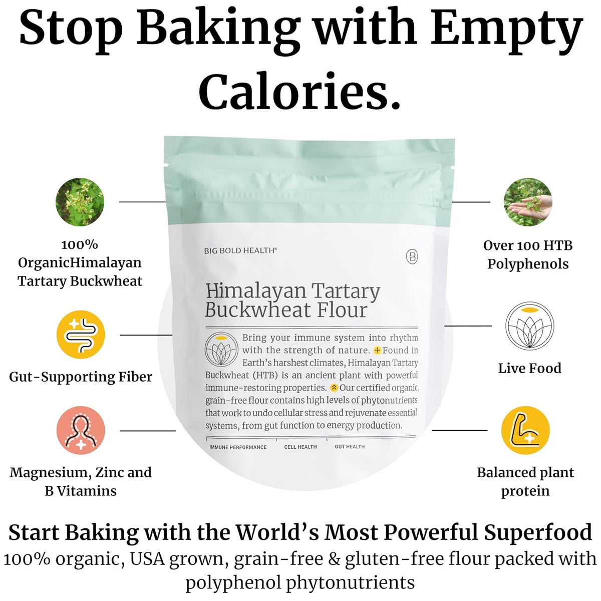 BIG BOLD HEALTH Organic Himalayan Tartary Buckwheat Flour - Gluten Free | Rich in Polyphenols &amp; Antioxidants | 100% USDA Organic Grain-Free Flour | Non-GMO | USA Grown (2lb)