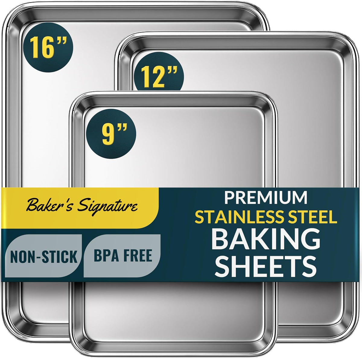 Stainless Steel Cookie Sheet Set of 3, 9/12/16" Baking Sheet Pans | Baking Set of 3, Mirror Finish, Non-Stick, Rust Resistant, BPA Free, Dishwasher Safe, 9/12/16"