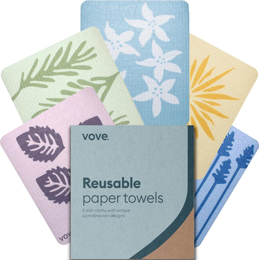 Vove Swedish Dishcloths 5-Pack, Nordic Nature - FSC Certified Cellulose & Cotton, Oeko-TEX Standard 100, Reusable Washable