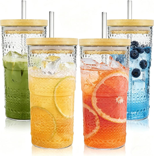 4 Pack 20oz Hobnail Drinking Glasses with Bamboo Lids and Glass Straw