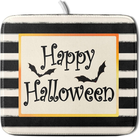 Happy Halloween Bats Dish Drying Mat for Kitchen Counter,Black and White Stripe Drying Mat 16 x 18 Inch with High Absorbent