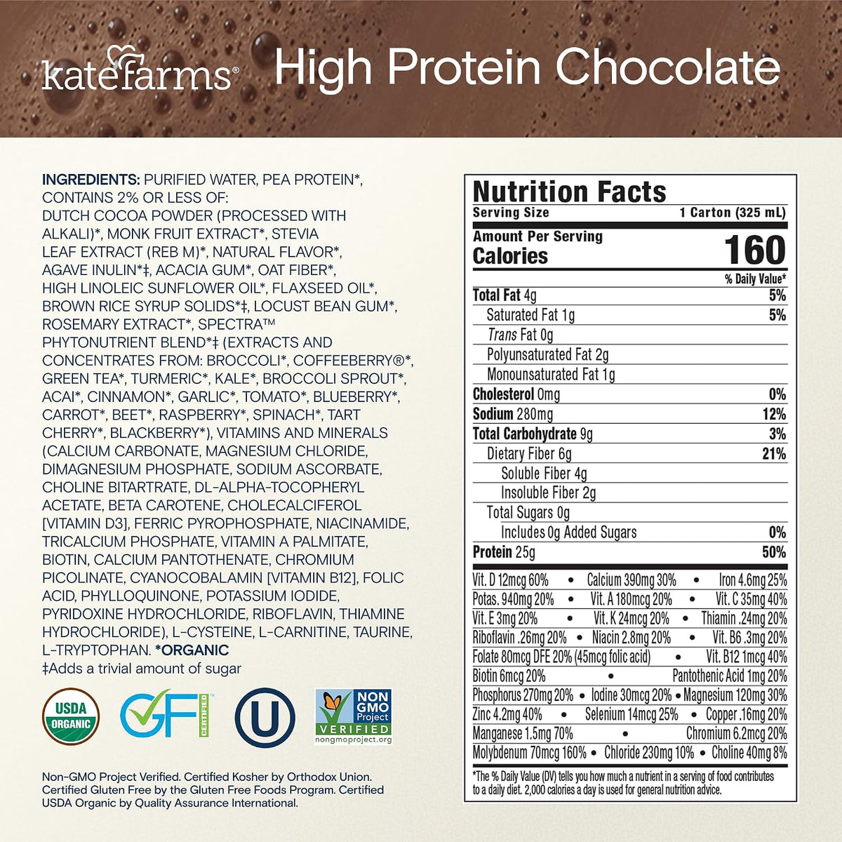 KATE FARMS Organic High Protein Chocolate Shake, 25g Protein, 12 Pack