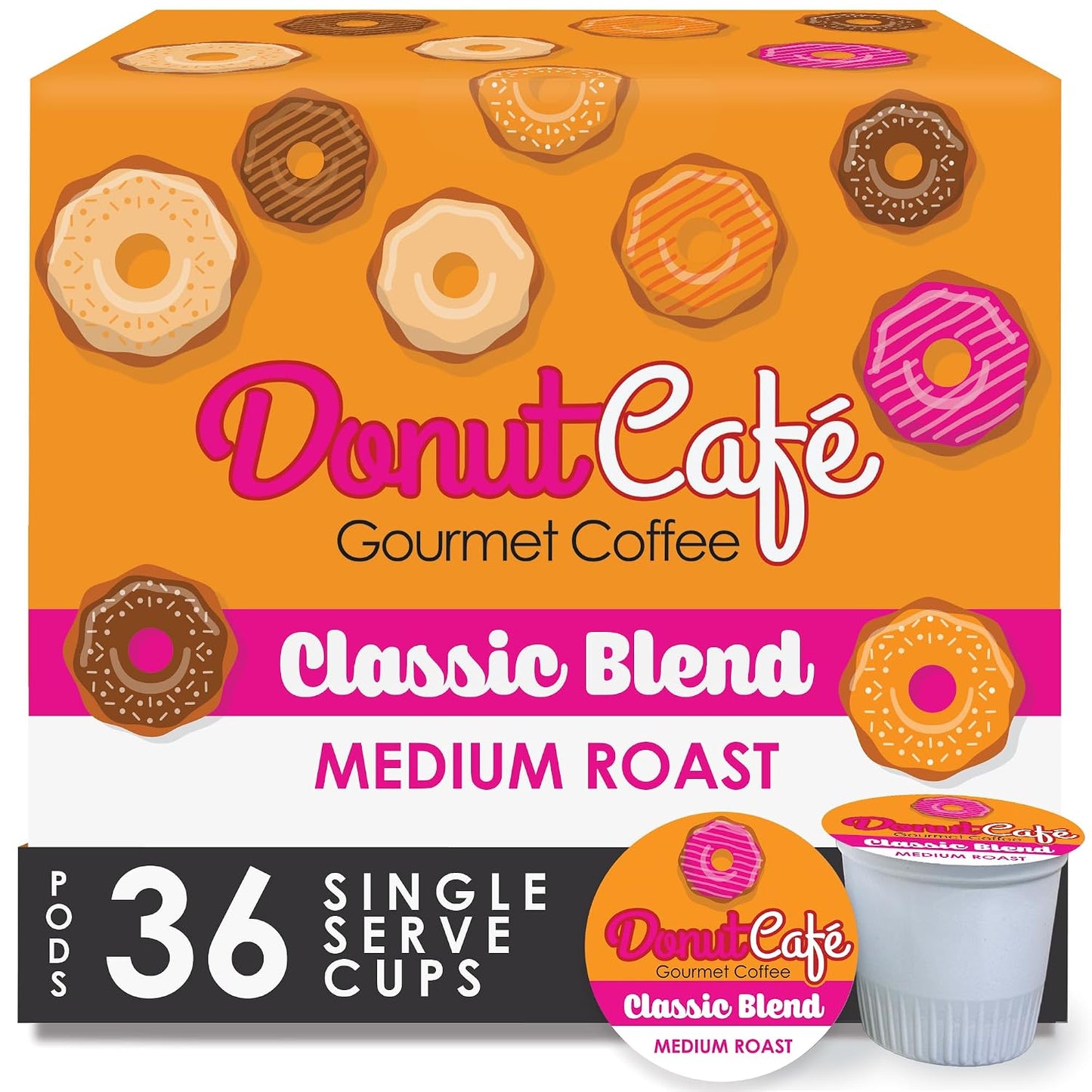 Donut Café K-Cup Coffee Pods, Medium Roast, Classic Blend, 36 Count | Single Serve, Vegan, Allergen Free, Non-GMO, Kosher, Vegetarian, Compatible with Keurig K Cup Brewers, Smooth &amp; Delicious