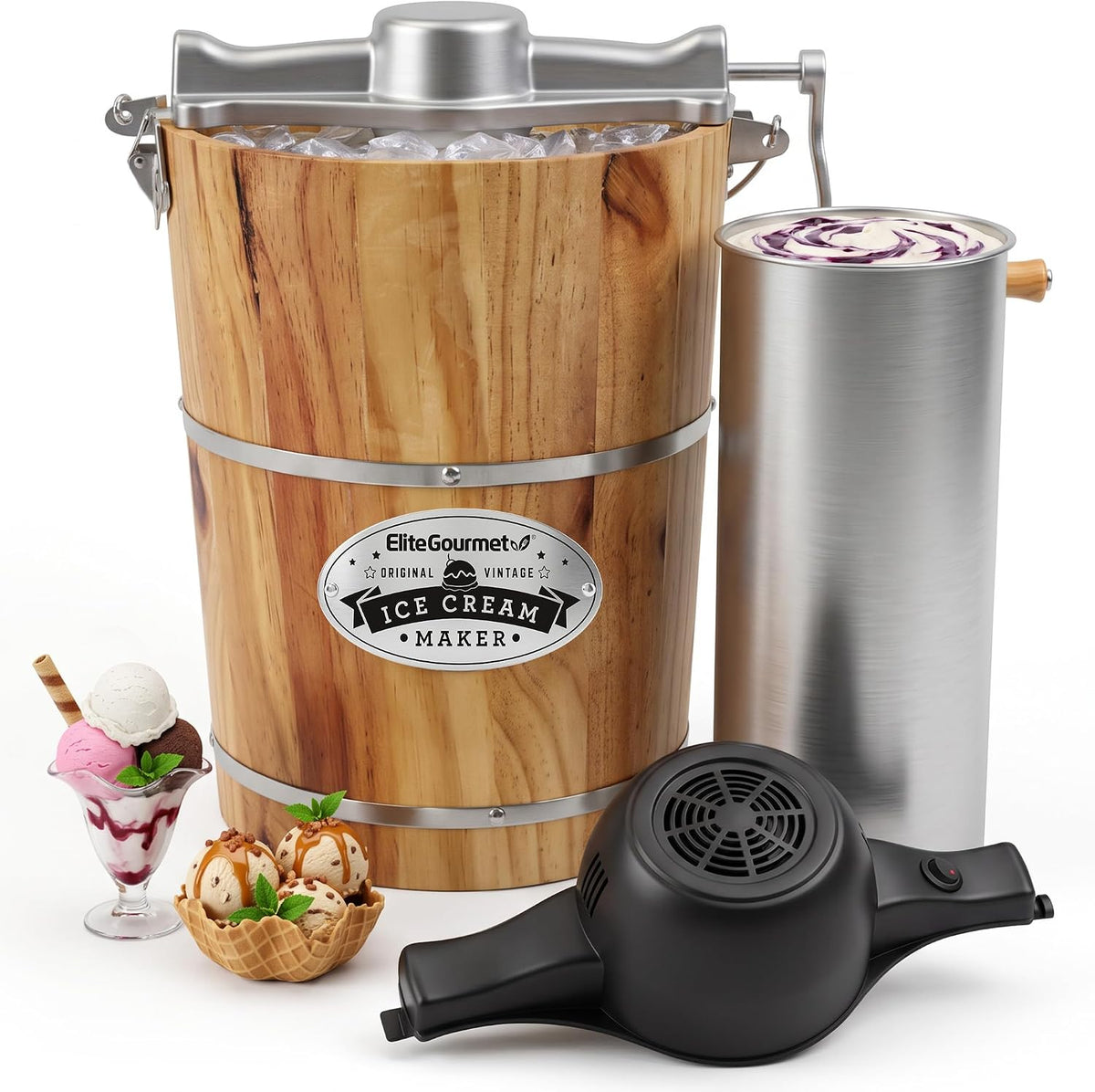 Elite Gourmet EIM916X Old Fashioned 6 Quart Vintage Wood Bucket Electric Ice Cream Maker Machine Appalachian, Bonus Classic Die-Cast Hand Crank for Churning, Uses Ice and Rock Salt