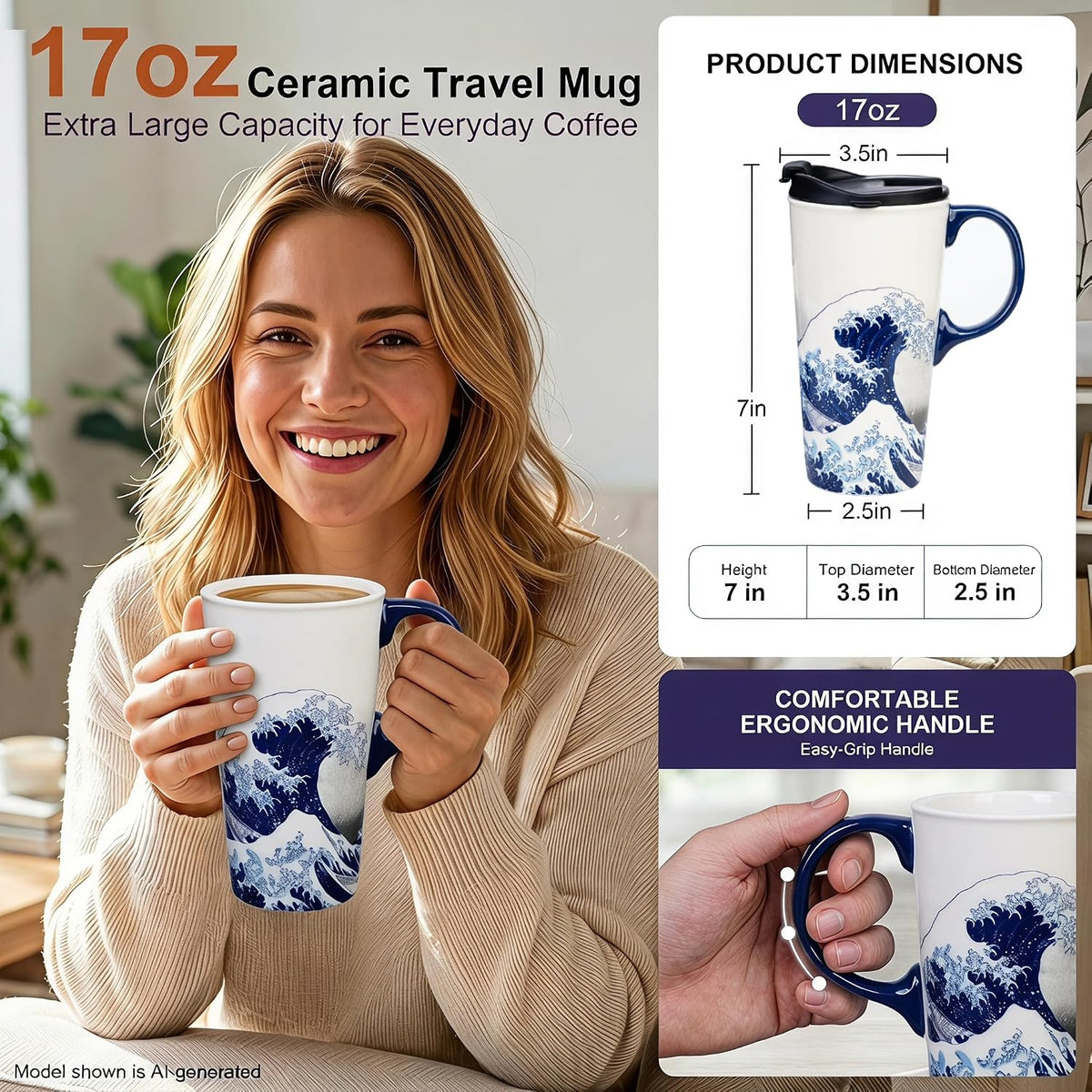 Topadorn 17oz Ceramic Travel Mug with Lid, Hokusai Great Wave Coffee Mug