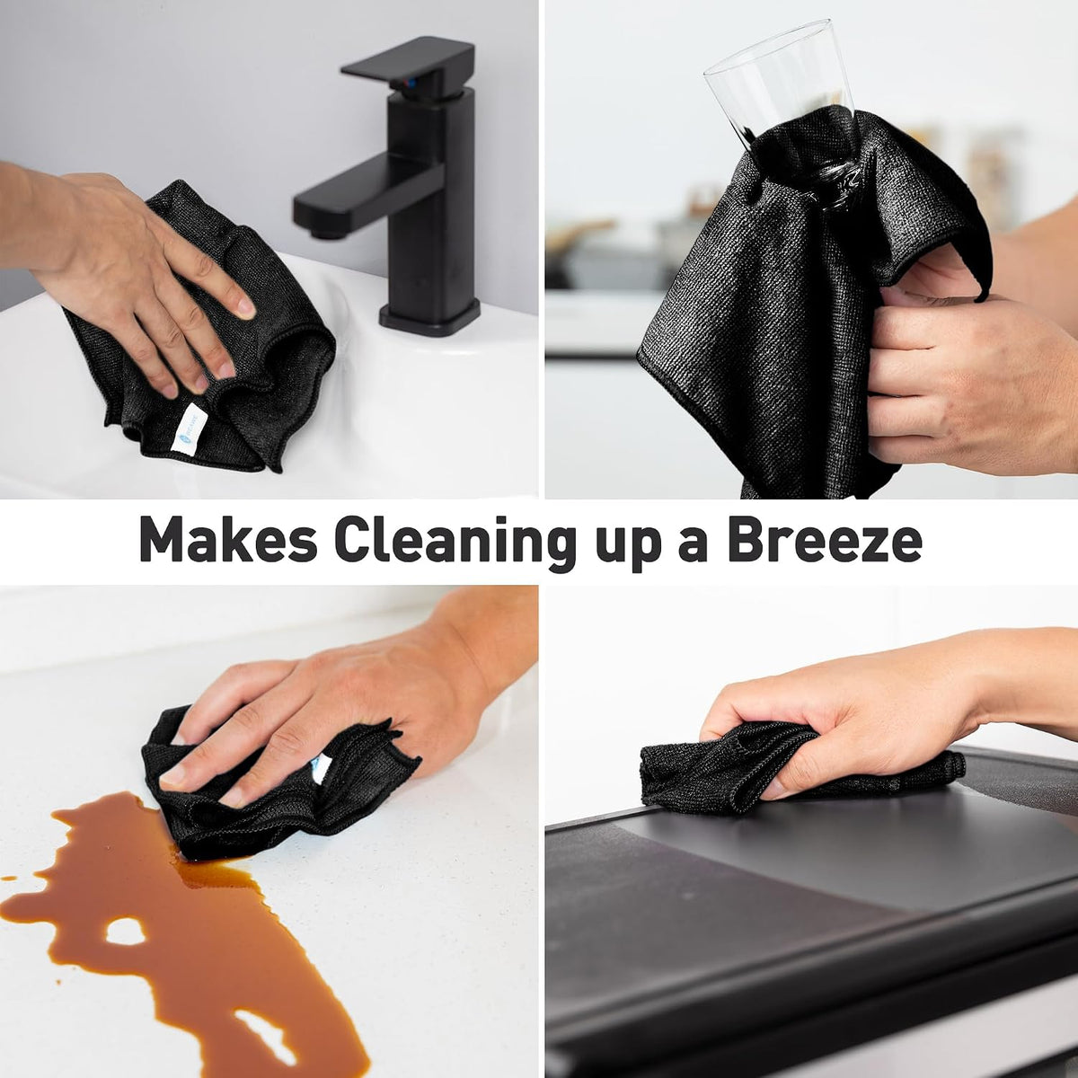Black Microfiber Cleaning Cloth 13"x13", Ultra Soft Absorbent Microfiber Cleaning Rags for Housekeeping Cleaning Supplies, Lint Free Reusable Cleaning Cloths for House Washable, Pack of 12