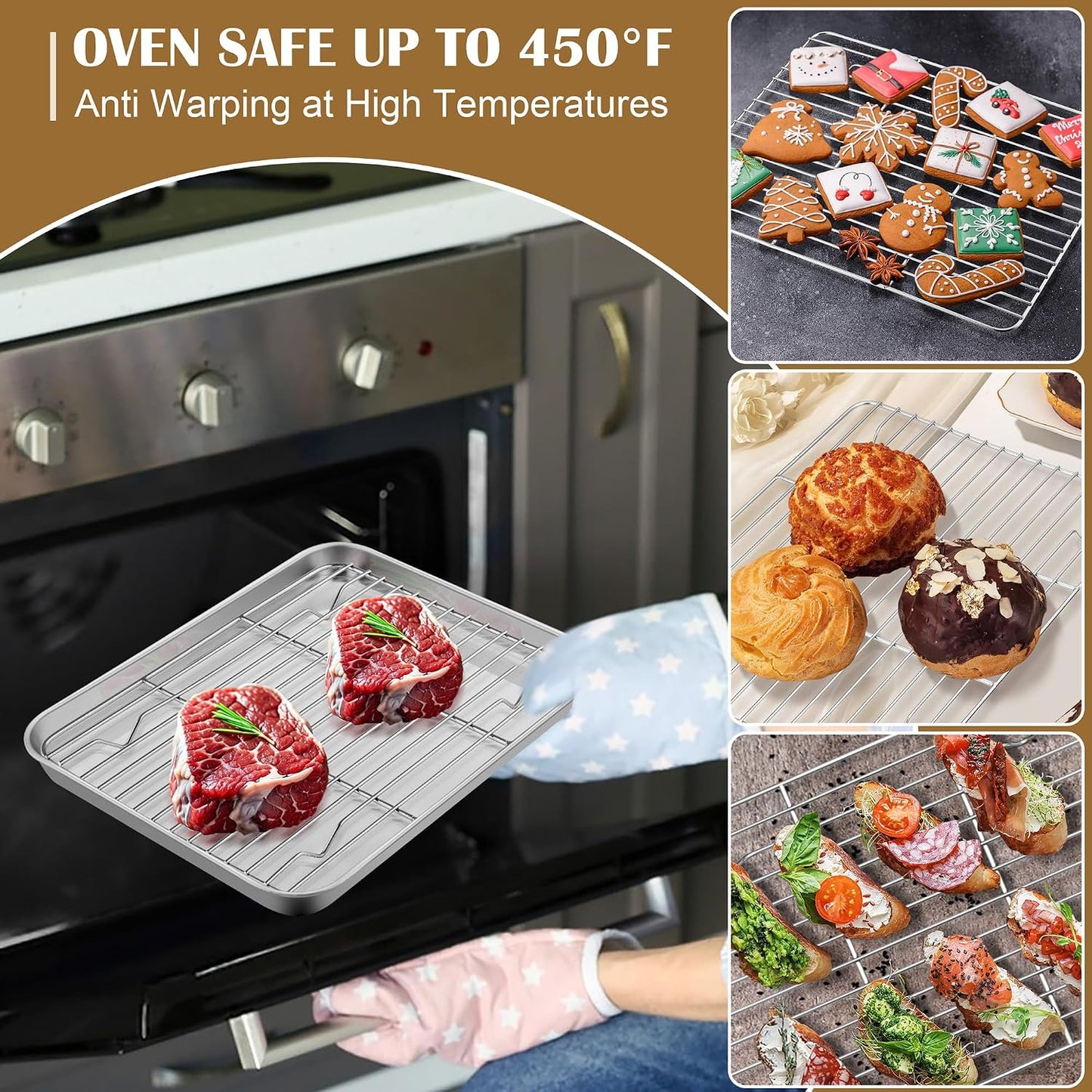 E-far Baking Sheet with Wire Rack (2 Pans + 2 Racks), Stainless Steel Cookie Sheets Pan &amp; Cooling Rack for Baking Cookies Cake, Non Toxic &amp; Heavy Duty, Oven &amp; Dishwasher Safe, 12.4 x 9.7 x 1 Inch