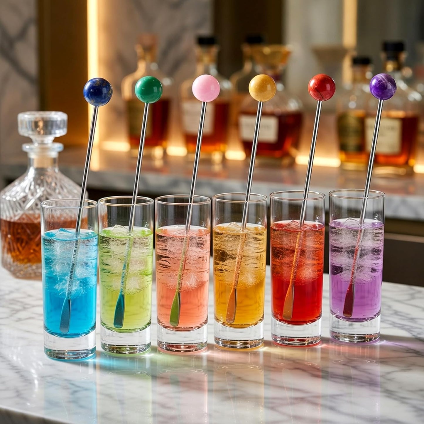 Homestia 6 Pcs 7.5'' Metal Stir Sticks, Colorful Gemstone Cocktail Stirrers | Reusable Stainless Steel Coffee Stirrer, Drink Swizzle Sticks, Natural Stone Decor Beverage Stir Stirring for Bars Home Use