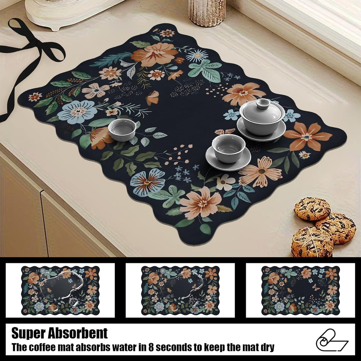 Scalloped Bohemian Coffee Bar Mat Dish Drying Mats for Kitchen Counter, Kitchen Decor,(16"x24", Black)