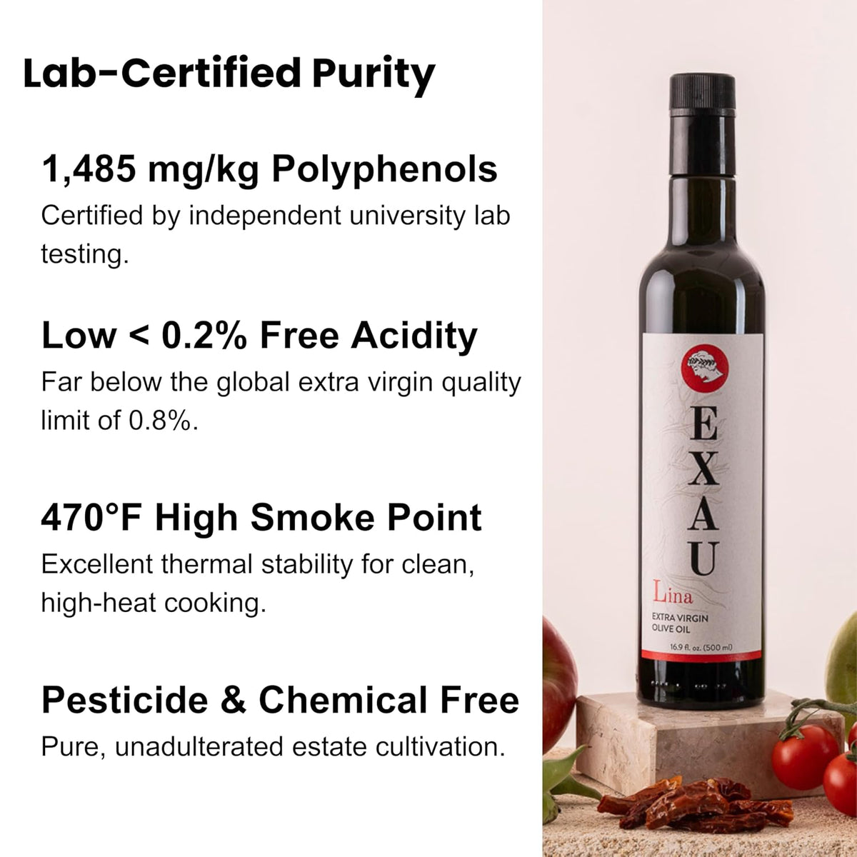 EXAU Lina Italian Extra Virgin Olive Oil, High Polyphenol 1485 mg/kg, Tonda &amp; Carolea Olivaggio from Calabria Italy, Cold Pressed Early Harvest, Drinking &amp; Finishing, 16.9 fl oz (500ml)