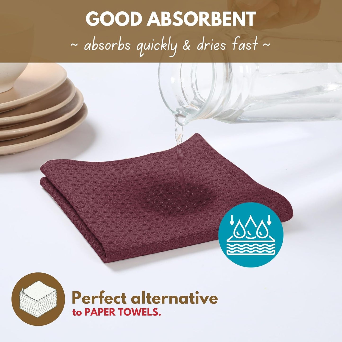 Native Fab Waffle 12 Pack Dish Cloths - 100% Cotton, Absorbent, Quick Dry, Washable Towels for Cleaning, Cooking &amp; Drying Dishes - Perfect for Home, Restaurants, Bars, Cafes - 12"x12" - Burgundy