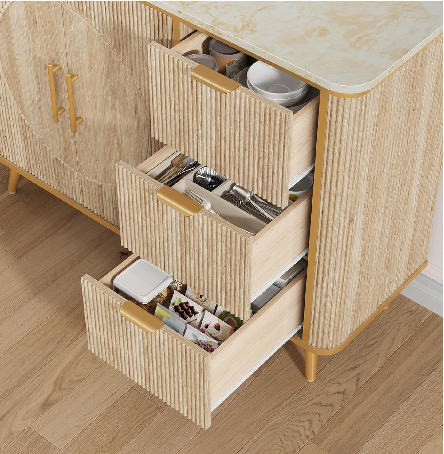 47.3" Modern Buffet Cabinet with Storage, Kitchen Sideboard Buffet with 2 Door &amp; 3 Drawers, Fluted Caffee Bar Storage Cabinet for Dining Room, Living Room, Entryway, Natural Oak