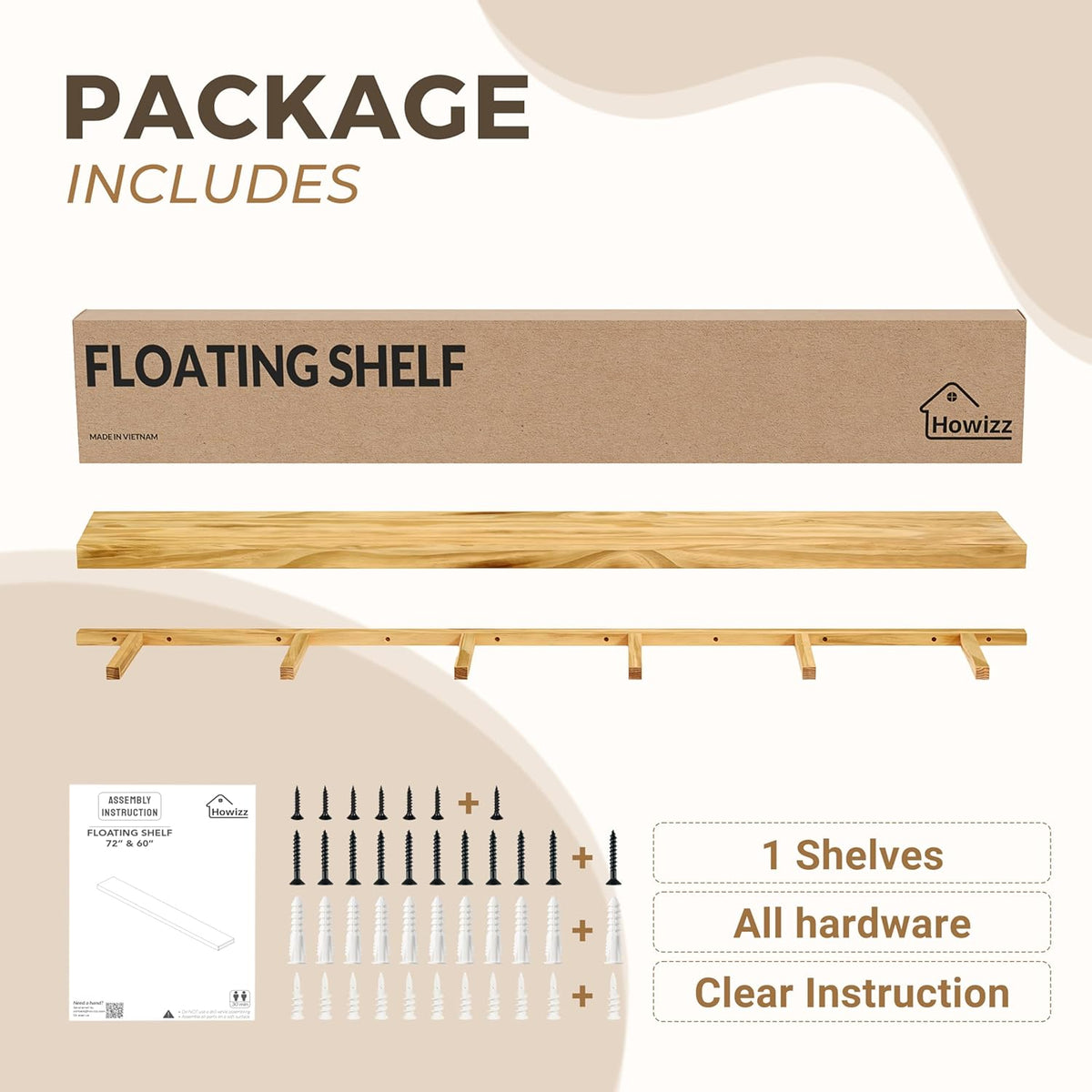 Howizz 60'' Pine Wood Floating Shelf for Wall, Rustic Wall Mounted Wooden Shelf with Invisible Brackets, Fireplace Mantel Shelf for Living Room, Bedroom, Bathroom &amp; Home Decor, Light Walnut, 1 Pcs