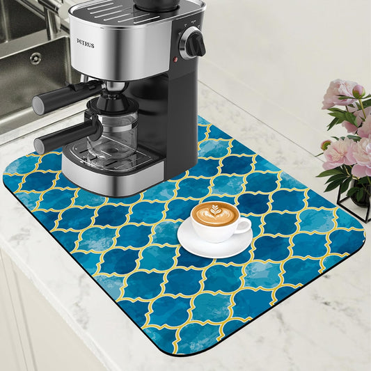 Dish Drying Mat Blue Moroccan Tile Coffee Bar Mat for Countertop Absorbent Hide Stain Rubber Backed Dish Drainer Rack Pad