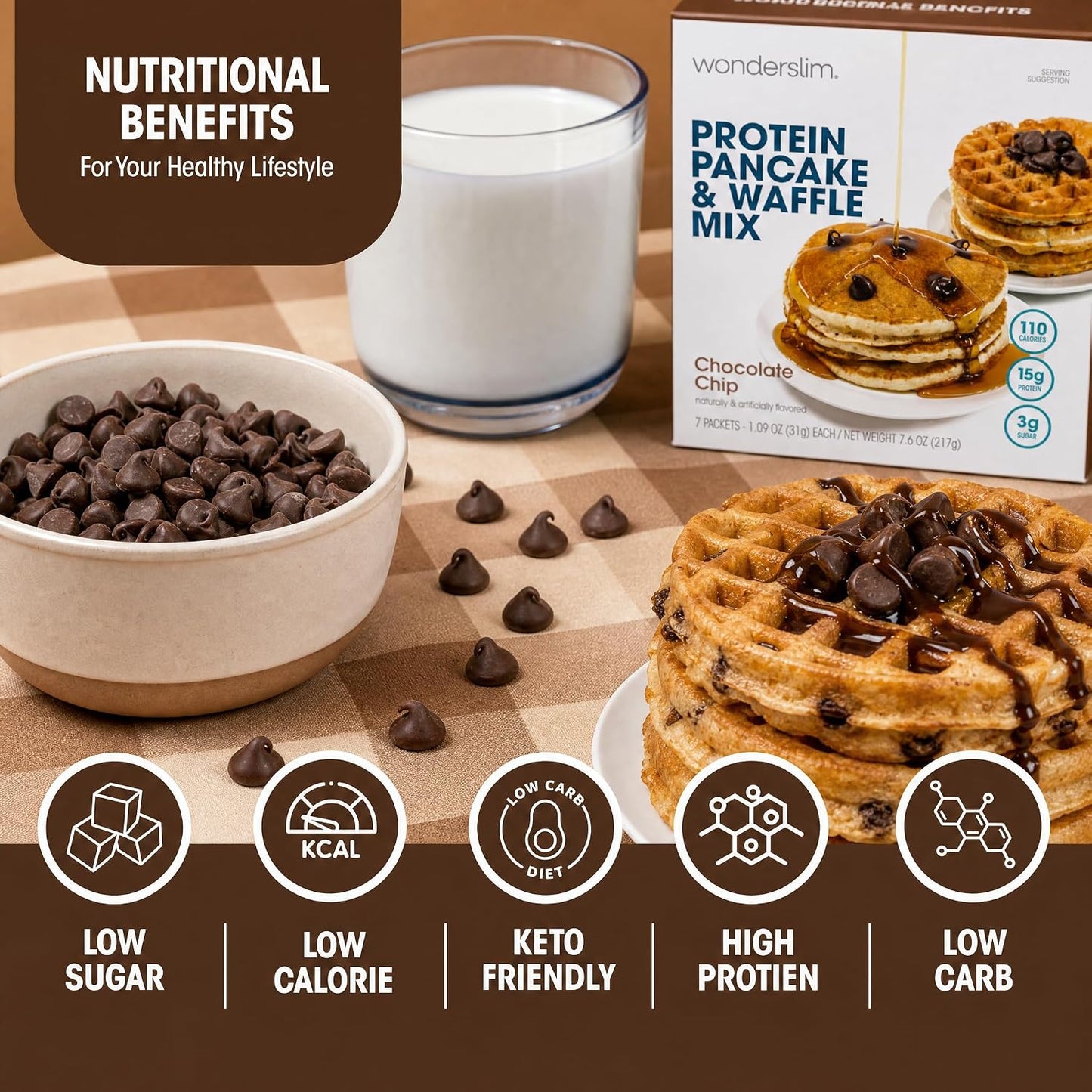 Wonderslim Protein Pancake &amp; Waffle Mix, Low Calorie, 7ct (Chocolate Chip)
