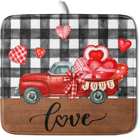 Valentine's Day Red Heart Truck Dish Drying Mat for Kitchen Counter,Black White Buffalo Plaid Love Drying Mat 16 x 18 Inch