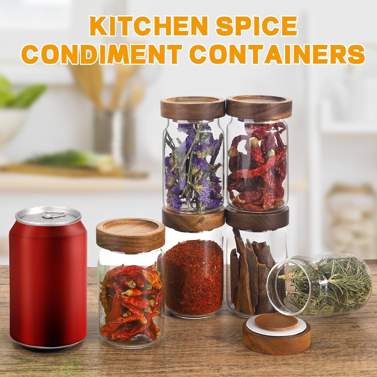 6oz Small Glass Jars with Wood Lid Spice Jar Round Food Storage Canister Clear Glass Containers Jar for Ground Seasoning Pantry Sugar Tea Coffee Bean Spice Herb Cookies(6 * 200ml(6.76oz))