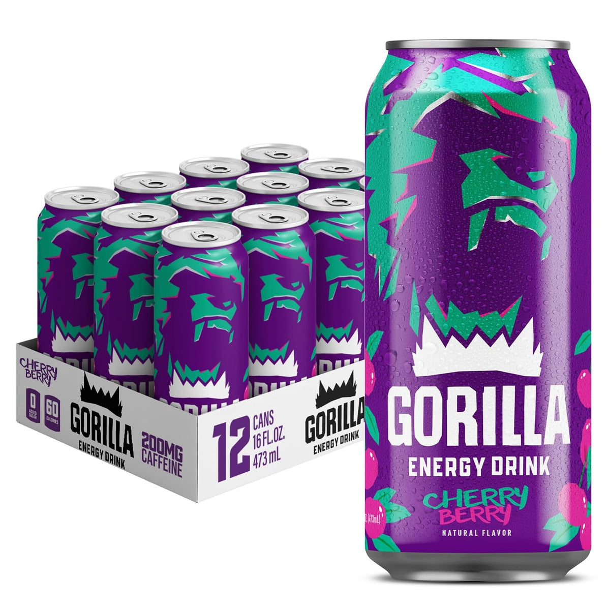 Gorilla Energy Drink, Cherry Berry, 200mg Natural Caffeine, Real Fruit Juice Squeezed &amp; Concentrated, L-Theanine, Taurine, Ginseng, Acetyl L-Carnitine, No Added Sugar and No Artificial Colors, 12 Pack