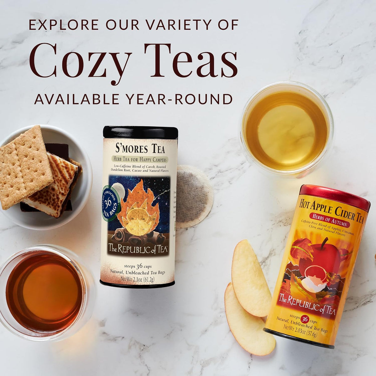 The Republic of Tea S'mores Herbal Tea, Caffeine Free, 36 Count | Suitable for day or evening . Smooth and rounded with notes of cocoa richness and roasted root. Gluten Free and Kosher.