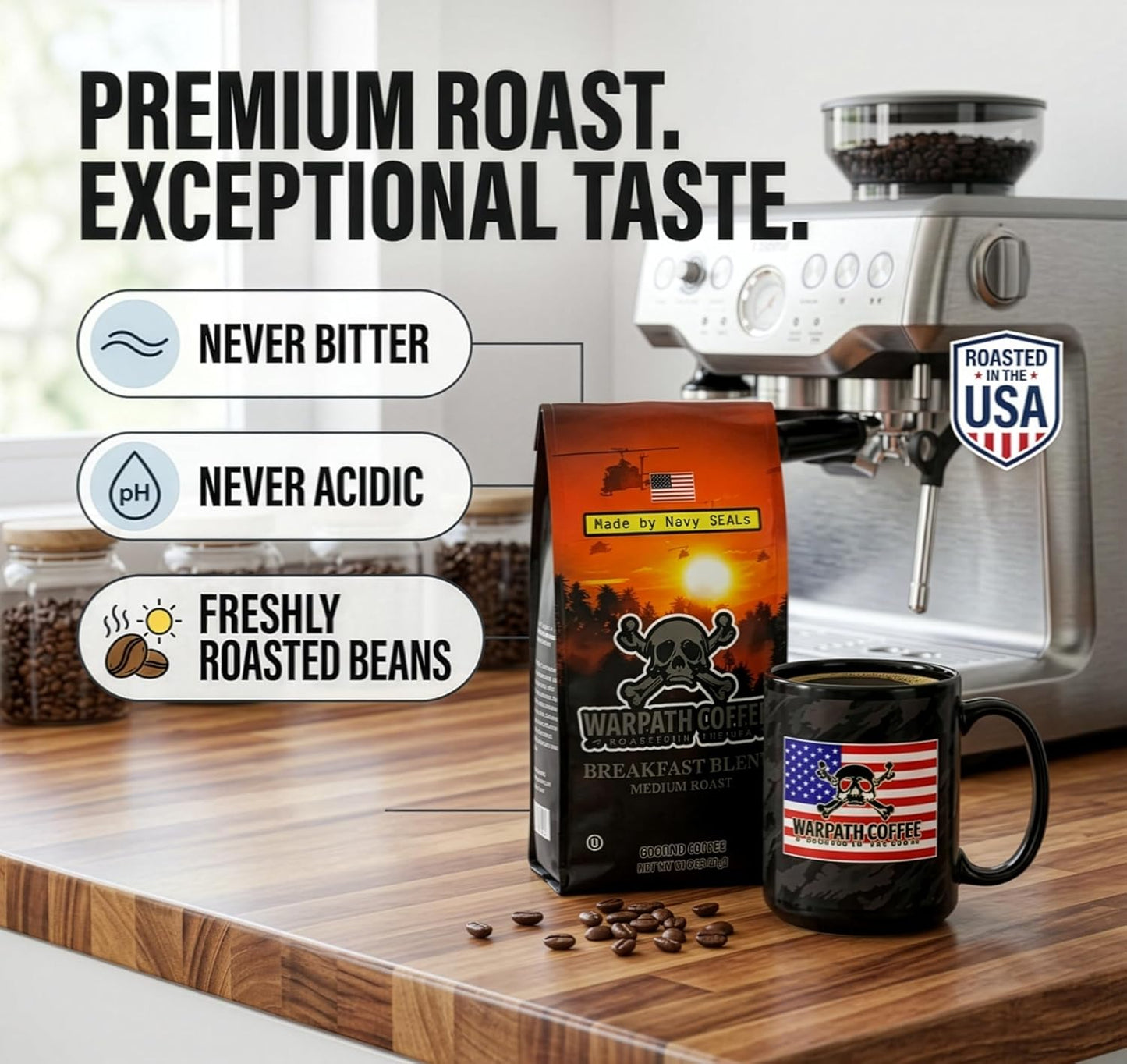 Warpath Coffee Breakfast Blend Medium Roast Whole Bean Coffee, 12 oz | 100% Arabica Whole Beans, High Caffeine, Extra Strong Roast, Rich Aroma, Full-Bodied Cup, Created By Navy Seals