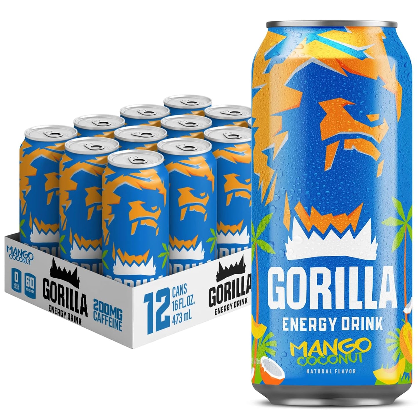 Gorilla Energy Drink, Mango Coconut, 200mg Natural Caffeine, Real Fruit Juice Squeezed &amp; Concentrated, L-Theanine, Taurine, Ginseng, Acetyl L-Carnitine, No Added Sugar and No Artificial Colors, 12 Pack
