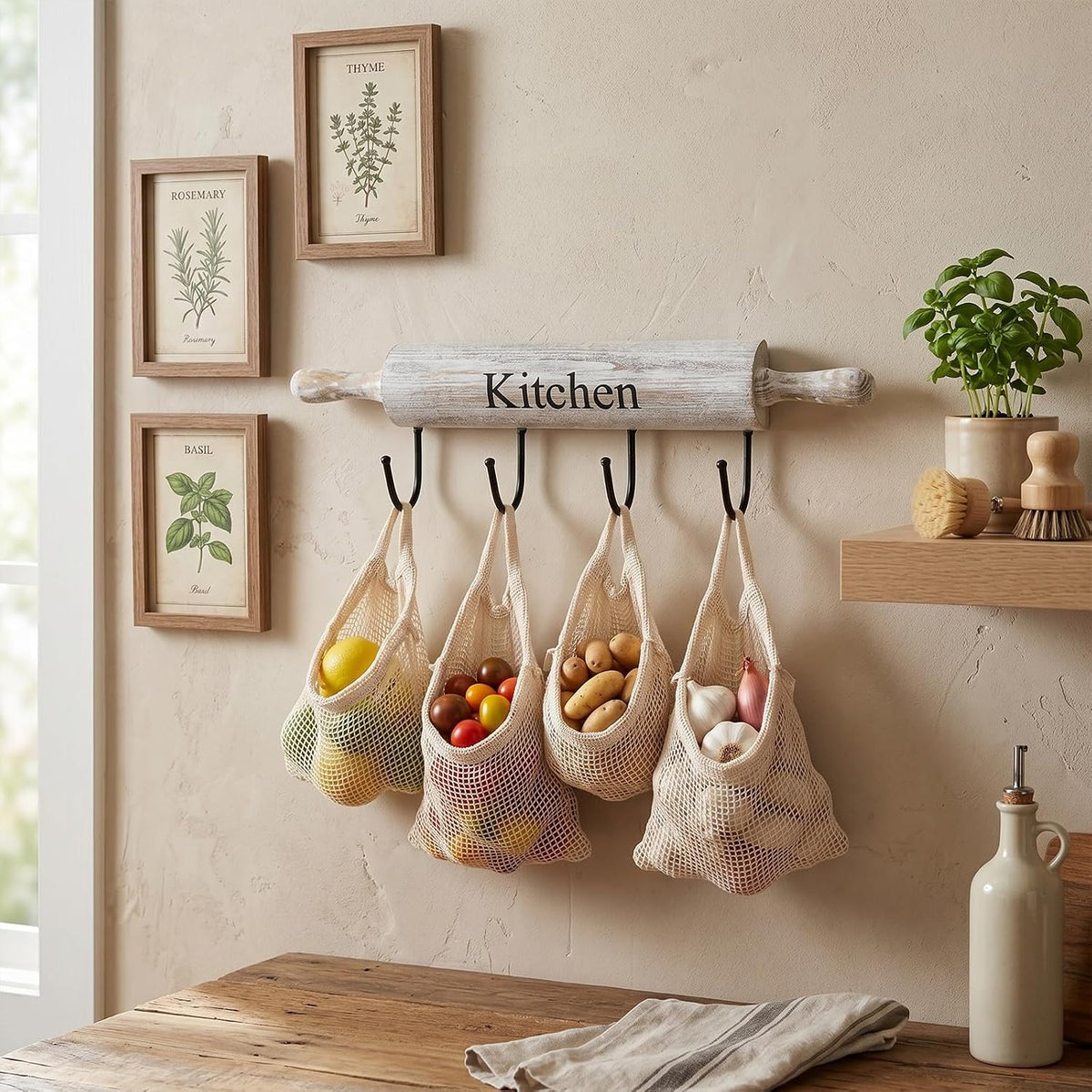 MyGift White Washed Wood Kitchen Utensil Rack with 4 Hooks, Wall Mounted