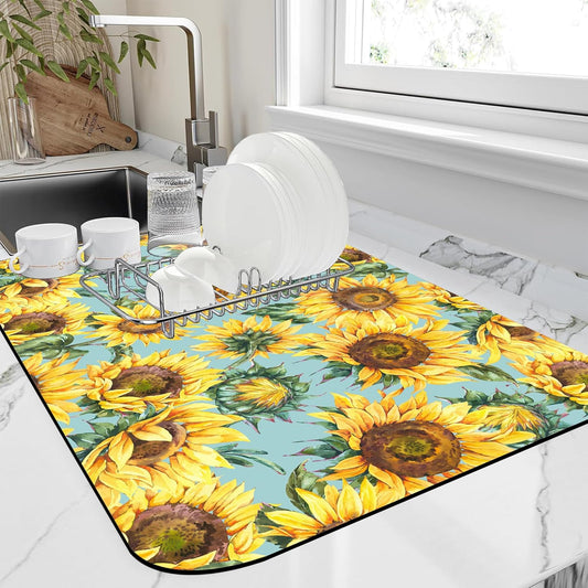 Dish Drying Mat Watercolor Rustic Sunflower Dish Drying Pad,12"X19" Bsorbent Coffee Mat for Sink Dishes or Under Rack