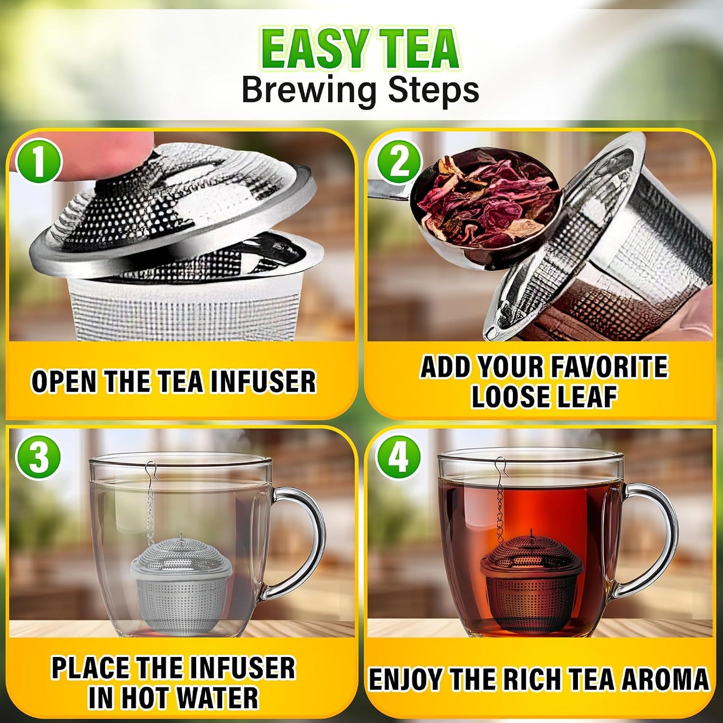Tea Infuser Set of 3 (1 Large, 2 Small) with Scoop, Stainless Steel | Loose Leaf Tea Steeper; Extra Fine Mesh Holes, Extended Chain, Sleek &amp; Shiny Surface; Reusable; for Herbs, Spices &amp; Cooking