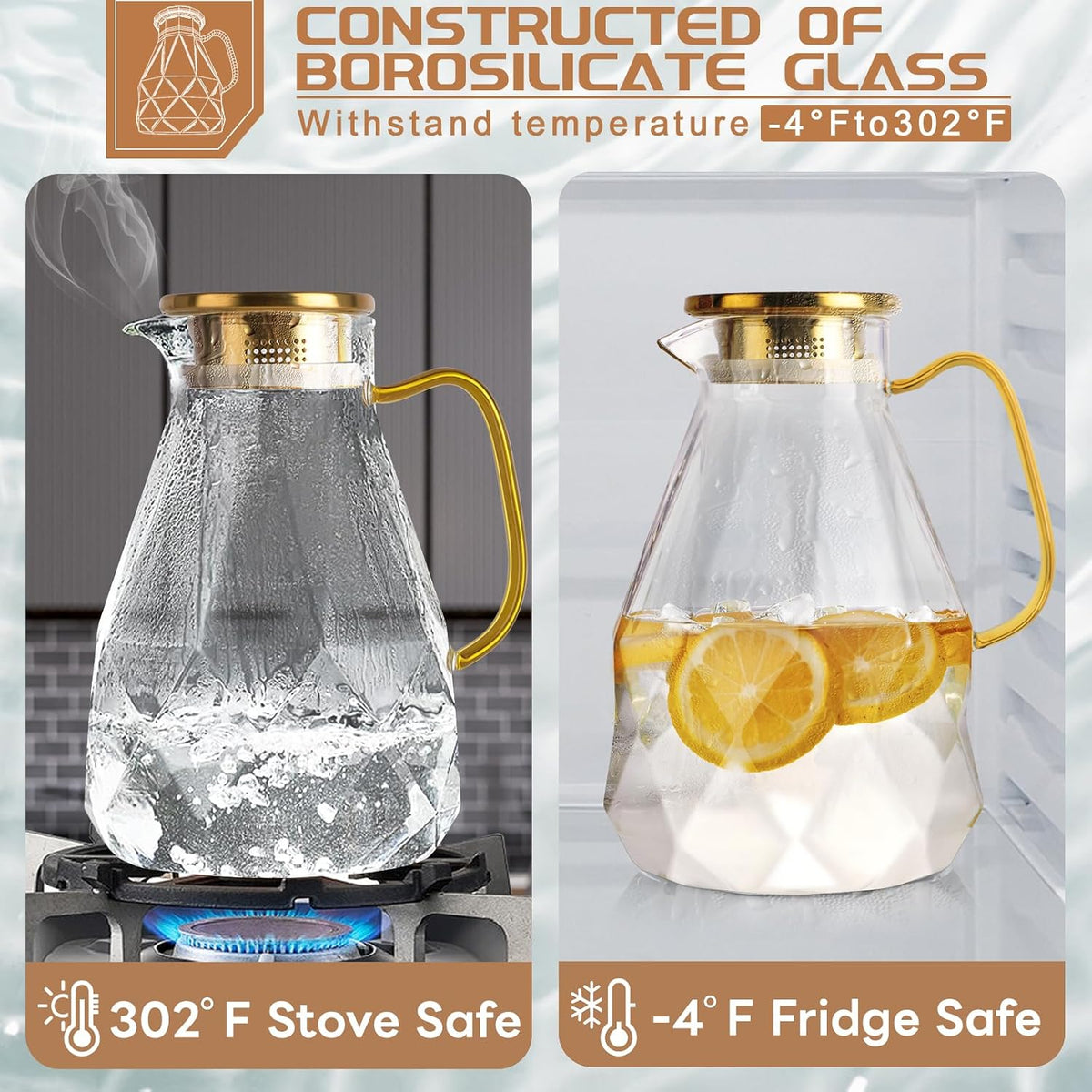 Glass Pitcher, 2.4Liter Water Pitcher With Lid | Iced Tea Pitcher for Fridge, Glass Water Carafe With Lid, Glass Water Jug, Large Drink Pitcher For Juice, Milk, Cold Or Hot
