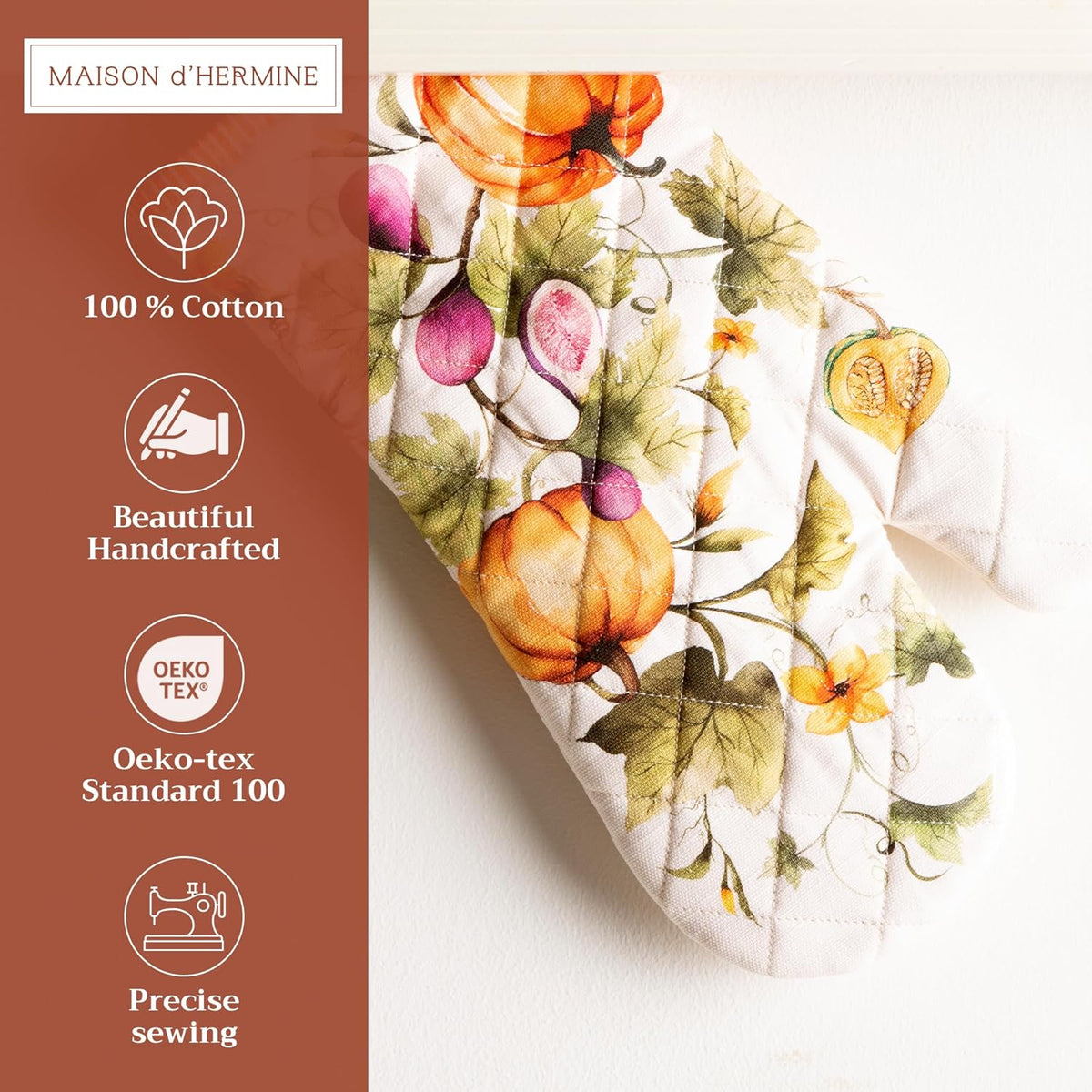 Maison d' Hermine Oven Gloves 100% Cotton Oven Mitt 7" x 13" with Loop Heat Resistant, BBQ, Cooking Gloves, Baking, Grilling, Kitchen, Handling Hot Pans (Pack of 1, Pumpkin Garden - Cloudy Cream)